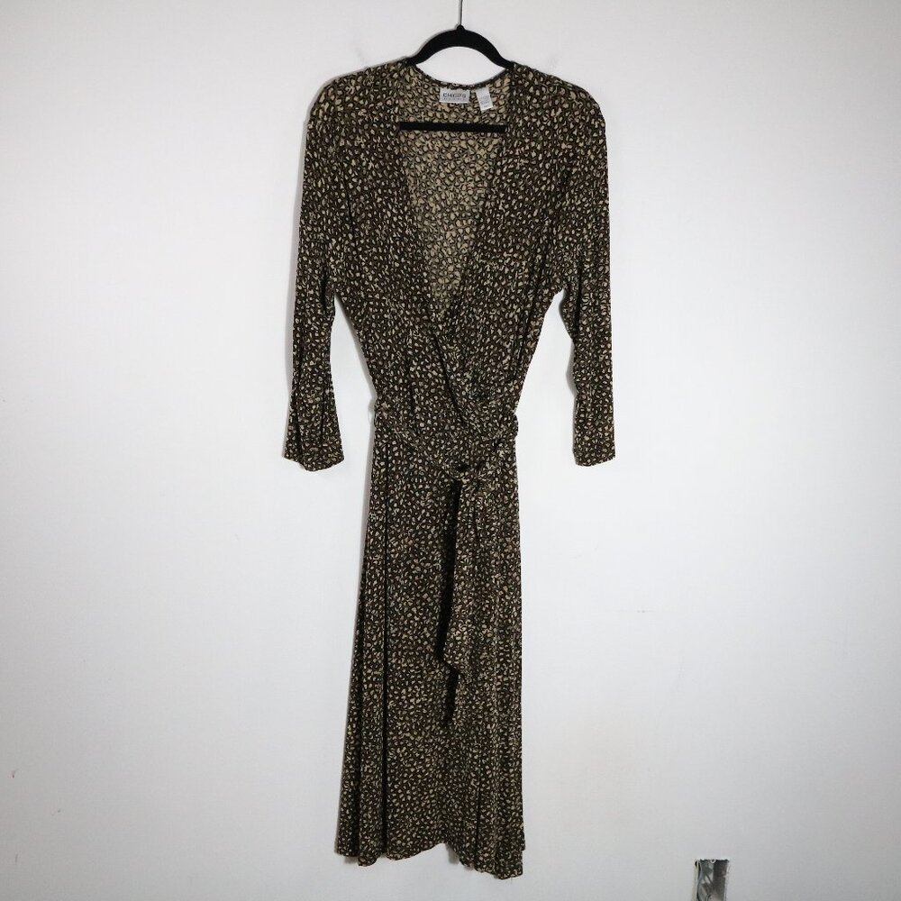 Chicos Travelers Vintage 3 XL Leopard Midi Dress Jersey Knit Tie Waist Surplice